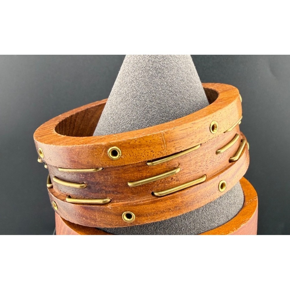 Vintage Estate Bangle Bracelet Brown Wood Brass Inlay Bohemian 8.5"